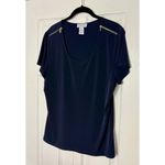 Carmen Marc Valvo  Navy Blue Zip Shoulder Short Sleeve Stretch Top Size Large Photo 7