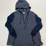 J.Jill Linen and Cotton Shirttail Hoodie Button V Neck Stripe Blue White Photo 0