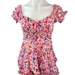 O.Vianca Pink Multicolor Floral Sweetheart Puff Sleeve Ruffle Romper Jumpsuit S Photo 0