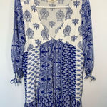 Entro  Damask Tapestry V-Neck Babydoll Mini Dress Blue & White Small Photo 0