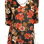 Amuse Society  Black Floral Print Criss Cross V Neck Boho Tunic Top Small‎ Photo 0