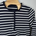 Talbots  Sz XL Navy Blue White Striped Cotton 1/2 Button Ruffle Neck Long Sleeve Photo 1