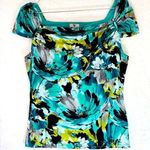 Worthington Abstract Floral Pleated Sleeveless Top Mesh Overlay Draped Neckline Photo 0