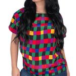 Impressions 1980s Vintage Rainbow Checkered Short Sleeve Blouse Retro Medium Pink Photo 1