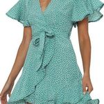 Amazon - Polka Dot Wrap V Neck Mini Ruffle Dress, Green/White, Size S, NWOT Photo 0