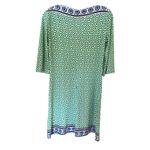 Donna Morgan Green Geometric Print Dress Blue Trim Bell Sleeve A-Line Photo 3