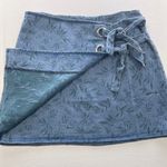Lumière New Side Tie Asymmetrical Mini Skirt Denim Blue Green Leaf Photo 8