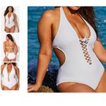 NWT Womens Ashley Graham Cutout Halter sexy lace up monokini one piece size 6 White Photo 2