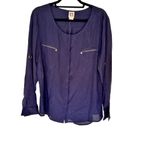 Anne Klein Size Large Navy Blue Long Sleeve Blouse With Gold Zipper Pockets Photo 5