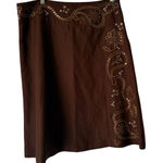 Susan Bristol Vintage Brown Embroidered A-Line Skirt Linen Blend Beaded Boho 12 Photo 0