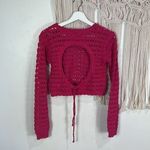 Free People Womens Knit Crop Top Long Sleeve Sheer Magenta Size Small open back Photo 2