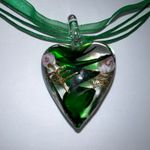 Murano Glass Heart Pendant Necklace Clear Green Pink Gold Hand Painted Flower Photo 1
