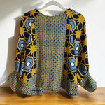 Chico's  Gold Blue  Medium Geometric Print‎ Pintuck Top Raglan Sleeves Split Photo 0