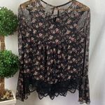 Self Esteem  Black Floral Print Sheer Long Sleeve Crochet Lace Blouse Top XL Photo 1