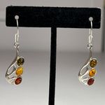 Amber Sterling Silver 925 Drop Earrings Jewelry With Multicolor Oval Cabochons Photo 2