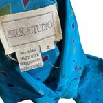 Vintage 100%Silk Midi Shirtdress‎ Women 4 Blue Geometric Shapes Print Retro Photo 2