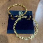 Tory Burch  TB Dangle Hoop Earrings Gold Colored Brand New Photo 4