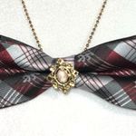 “Dainty Dapper” Plaid Bow Tie Necklace with cameo adornment Red Photo 4