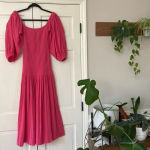 RHODE Harper Smocked Off‎ Shoulder Puff Sleeve Hot Pink Midi Dress Gauze Cotton Photo 3