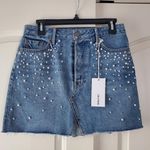 Milla Embellished Crystal & Pearls Raw Hem Frayed Mini Denim Skirt Jean Skirt in Solstice Blue Size M Photo 1
