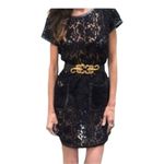 Per Se #321  BLACK LACE LEATHER TRIMMED MINI DRESS Photo 3