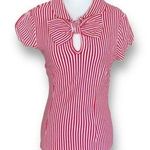 Tatyana Top Cherry Red White Vertical Striped Bow Detail Keyhole Puff Sleeve Photo 0