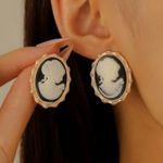 Anthropologie New! Black & White Gold Trim Portrait Cameo Oval Vintage Style Fun Earrings New Photo 1