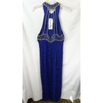 Laurence Kazar VTG  Plus‎ Size XXL Dress Royal Blue Beaded Halter Keyhole Maxi E Photo 6