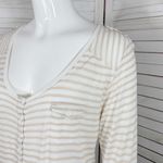 89th & Madison Striped Shirt V Neck Pocket Tee Roll Sleeve Beige White‎ Medium Tan Photo 4