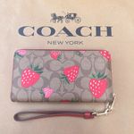 Coach Long Zip Around Wallet In Signature Canvas With Wild Strawberry Print Photo 1