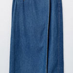 [Vintage] 90s Lizwear Medium Wash Denim Wrap Front Straight Midi Skirt Size 12 Blue Photo 0