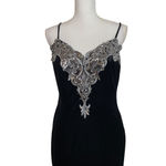 Vintage Dress 90s Midi Cocktail Floral Applique Black Velvet Slinky Party Dress Size M Photo 6