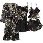 Women's 4 Piece Floral Print Satin Pajama Set in Black, Size S​​ Black Photo 0