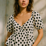 Cliché Womens Top Sz L White Black Polka Dot Puff Sleeve Babydoll Cottage Retro Size L Photo 0