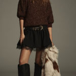 Anthropologie NWT | Violetta Short Sleeved Tinsel Sweater in Chocolate XXS Photo 0