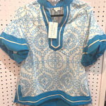 Ivy House Boutique Blue White Medallion Print Tunic Top Short Sleeve Collar Photo 0