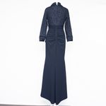 XScape  - Navy Floral Jacquard Long Sleeve Evening Gown Photo 2