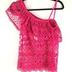 Lulumari  Womens Top One Shoulder Crochet Sheer Ruffle Pink M Photo 1