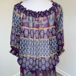 Say What? VTG Say What? Boho Sheer Peasant Blouse Purple Paisley Print Ruffle Neck Size L Photo 2