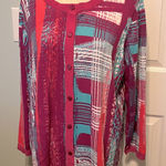 Bob Mackie  Womens SZ 1X Pink Blue Long‎ Sleeve Cardigan Sweater Full Art To Wear Photo 0