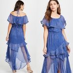 MISA Los Angeles MISA Ambrosia Ruffle Hem Striped Midi Dress Metallic Gold Royal Blue Tiered NEW Photo 3