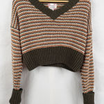 Pink republic  Women's S Brown White Olive Striped V-Neck Cropped Sweater Photo 0