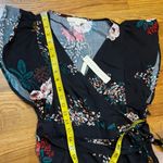 Lovestitch  Women’s Small Black Floral Ruffle Short Sleeve V-neck Midi Wrap Dress Photo 4