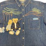 Vintage Embroidered Teddy Bear Chambray Denim Button Down Shirt Blue Photo 1