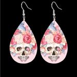 Pink Rose Flower Skull Print‎ Dangle Halloween Earrings Bohemian Faux Leather Photo 6