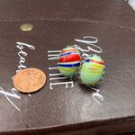 Vintage West Germany Mint Green Striped Glass Cabochon Stainless Steel Earrings Photo 1