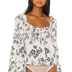 Free People One On One Date Floral Bodysuit XS White Polka Dot Bell Sleeve Photo 0