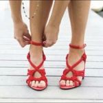 CAbi Red Strappy Tiptoe Chunky Heel Sandal Size 9 Red Pink Photo 9