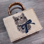 Magid Handmade in Japan Needlepoint Cat Kitten Bow Wicker Bag Purse Unique Photo 0