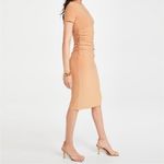 Norma Kamali  Kamali Kulture Crew Neck Shirred Midi Bodycon Dress in Tan Size S Photo 1